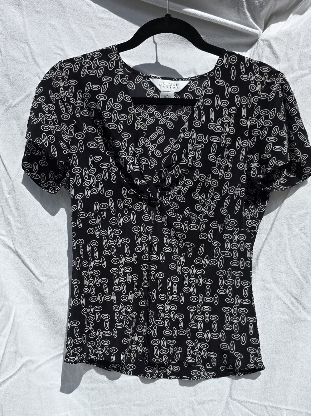 Allison Taylor Medium, Silk,  Black Blouse with White Abstract Oval Print